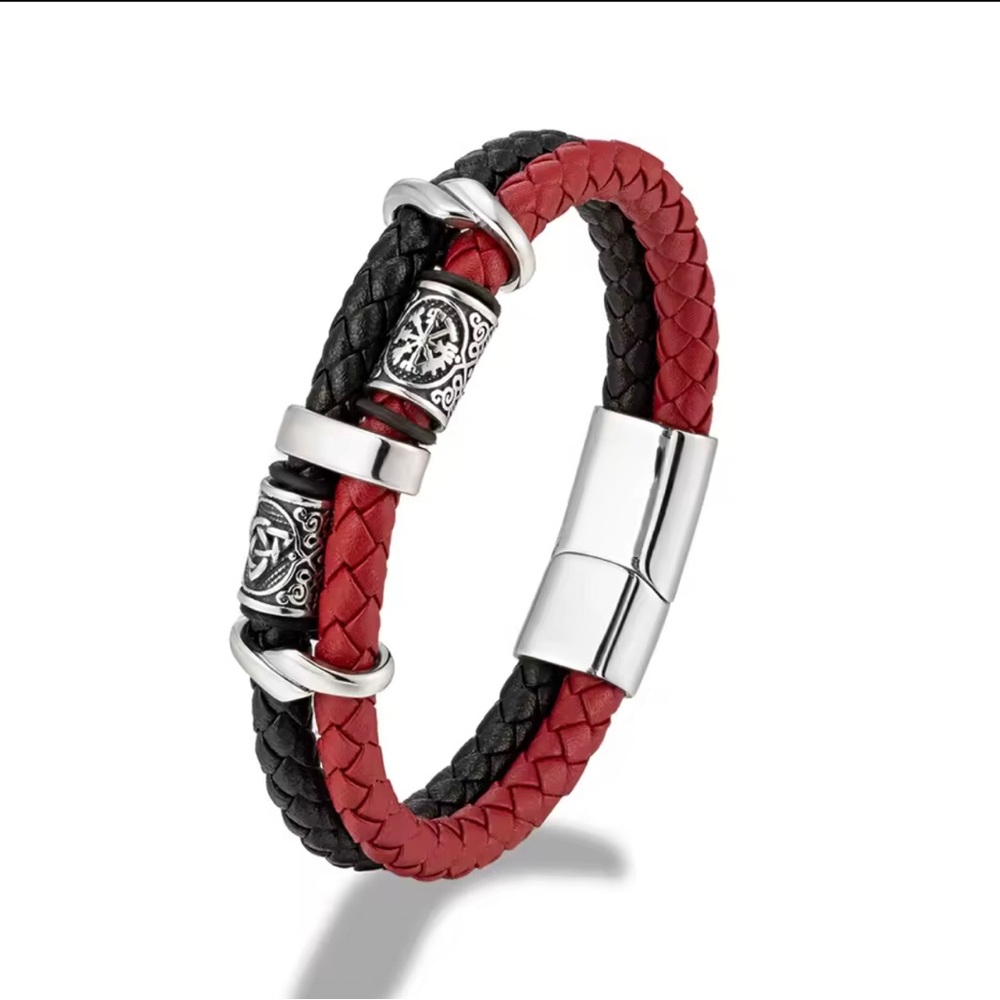 Braided Leather Viking Style Men's Bracelet with Stainless Steel Accents